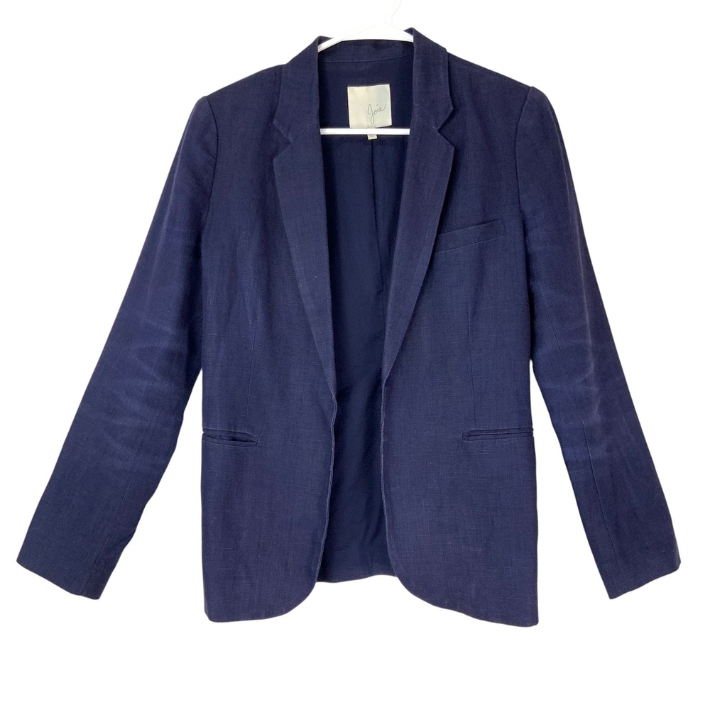 Joie Navy Blue Linen Blazer Size 2 Open Front Notch Lapel Long Sleeve Pockets